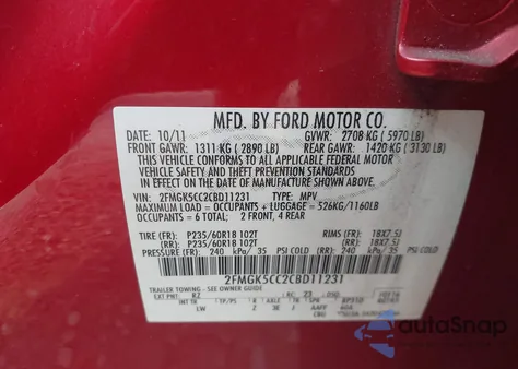 2012 Ford Flex Sel из США, поврежденный, VIN 2FMGK5CC2CBD11231